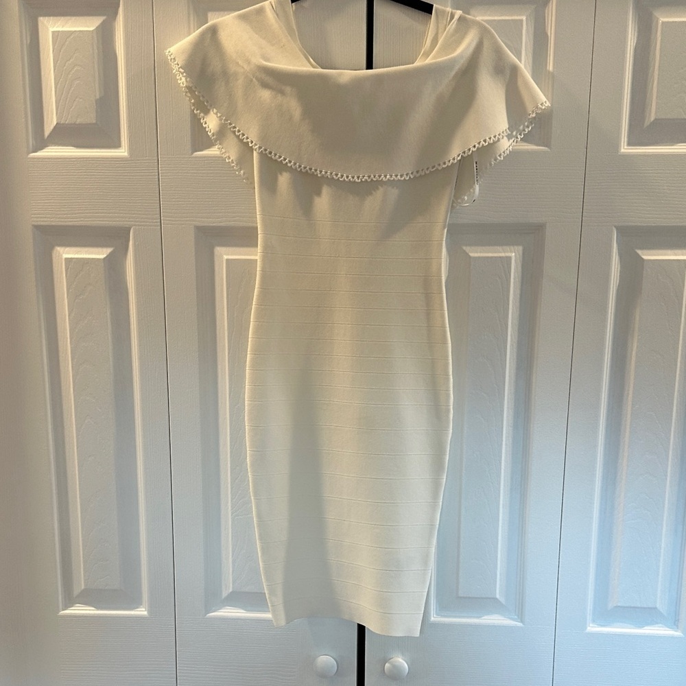 Marciano Cream Off-Shoulder Ruffle Yoke Mini Dress